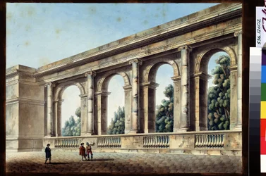 Vista de una Galería arqueada. Pintura de Jean Francois Thomas de Thomon (1754-1813). Acuarela y tinta sobre papel, 38,4 x 52,8 cm