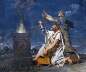 Un joven guerrero romano acompañado de su padre pide a los dioses el éxito de sus armas, c.1780 (óleo sobre lienzo)