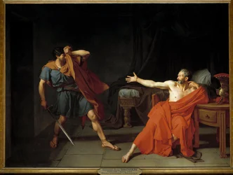 Marius prisionero en Minturnes. El general romano Cayo Mario (derecha), en guerra con Sila, es hecho prisionero tras su fuga en el 89 a.C. Rechaza a un soldado de la corona que vino a ejecutarlo en su celda. Ilustración para 