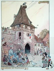 Un soldado francés enseñando francés a los niños alsacianos que han vuelto a ser ciudadanos franceses, ilustración de "Histoire de l