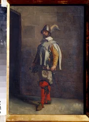 hugonote (un hugonote). Calvinista francés protestante durante las guerras de religión. Pintura de Ernest Jean Louis Meissonier (1815-1891). Óleo sobre tela. arte francés. Museo Estatal de Arte, Tula (Museo Nacional de Tula, Rusia)