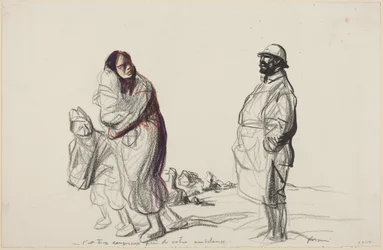 a) Es demasiado peligroso cerca de su ambulancia (recto); b) Estudio de madre e hijos (verso)