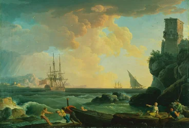 Escena portuaria mediterránea con pescadores