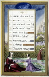 Abril: Damas en un jardín (Tauro) - facsímil de las Horas de Ana de Bretaña, por Jean Bourdichon