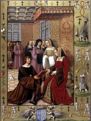 Jean Marot ofrece su libro «El viaje a Génova» a la reina Ana de Bretaña. Según una miniatura de Jean Bourdichon, hacia 1508