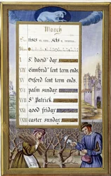 Marzo: Tamaño del árbol (Aries) - facsímil de las Horas de Ana de Bretaña, por Jean Bourdichon