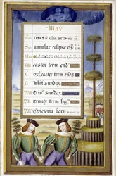 Mayo: Árbol de Mayo (Géminis) - facsímil de las Horas de Ana de Bretaña, por Jean Bourdichon