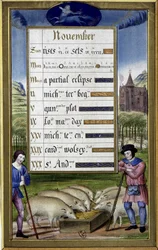 Noviembre y signo de sagitario: cría de cerdos - facsímil de las Horas de Ana de Bretaña, por Jean Bourdichon