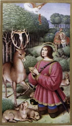 San Huberto - Miniatura por Jean Bourdichon, facsímil de las “Horas de Ana de Bretaña”