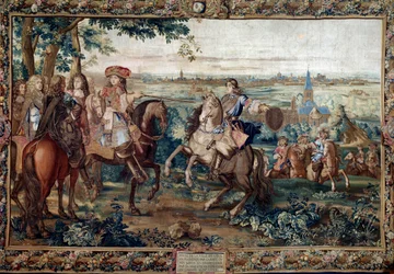 Continuación de la Histoire du Roi: "Captura de Lille por Luis XIV, agosto de 1667 tras el cartón de Saint Andre. Pintura realizada por el taller de Jean Mozin (siglo XVII) en la fábrica de los Gobelinos. Dim. 3,7x5,5 m. Versalles, museo del castillo