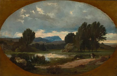 paisaje con jinete en caballo blanco