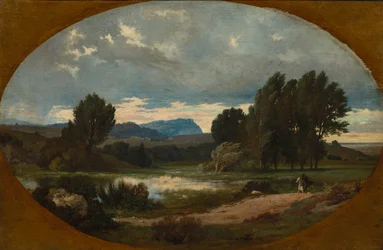 Paisaje con jinete a caballo blanco