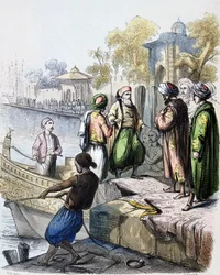 Mehemet Ali (1769-1849) llega a Constantinopla - 1828: Mehmet Ali llega a Constantinopla (Estambul, Turquía) Acuarela de 1846, del pintor francés Jean-Adolphe Beauce (1818 - 1875). Muhammad Ali Pasha o Mehmet Ali; 1769 Ð 1849. Coma albanesa otomana