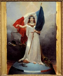 Figura simbólica de la República. Alegoría que representa a la república como una mujer con una corona de laurel, símbolo de paz, que sostiene una balanza, símbolo de justicia, y la bandera tricolor. Bajo su pie están la corona de la monarquía aplastada y