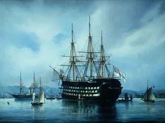 Un buque de guerra inglés anclado frente a un puerto