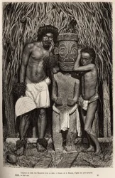 Un habitante de la isla Hiva-Oa y su hijo, rodeando un ídolo de madera tallada que representa al dios Tiki, en el archipiélago de las Islas Marquesas, grabado según un dibujo de A. Rixens ilustrando los recuerdos del Pacífico, en 1872-1874, por
