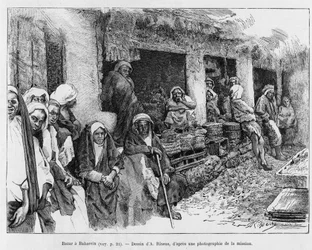 Bazar en Bahréin, Chad. Grabado por A. Rixens para ilustrar la historia A Suse, diario de excavaciones
