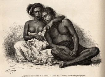 El joven rey de Vaitatu, en la isla de Tauata, en el archipiélago de las Islas Marquesas, rodeado por los brazos de su esposa, grabado después de un dibujo de A. Rixens ilustrando los recuerdos del Pacífico, en 1872-1874, por A. Pailhes, un oficial de barc