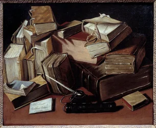 Naturaleza muerta con libros Pintura de Jean Andreas Biset (1672-ca. 1710). Bourg en Bresse, Museo de Breu - Bodegón con libros. Pintura de Jean Andreas Biset (1672-ca.1710). Museo de Breu, Bourg en Bresse, Francia