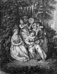 La serenata italiana (grabado por Gerard Jean Baptiste Scotin, después de Watteau)