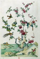 Dibujo de un jarrón chino: pájaros y flores