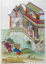 Casa en el río. Dibujo de un jarrón chino