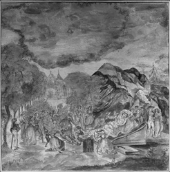 Gente pasando junto al cadáver de Marat cerca de la gruta de Les Cordeliers, 1793