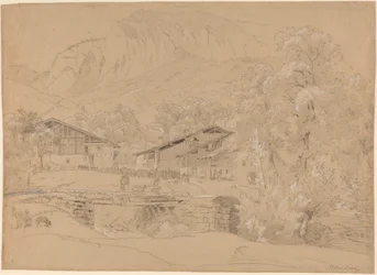 An Alpine Village in Summertime (tiza negra y grafito realzado con tiza blanca sobre papel canela)