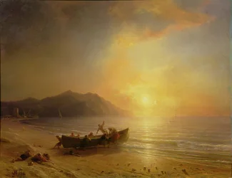Paisaje costero con pescadores árabes botando una barca al atardecer