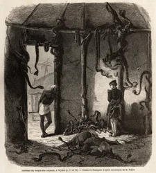 Dentro del templo de serpientes fetiches, en Wydah, en Dahomey (actual Benín), dibujo de Jean Antoine Foulquier (1822-1896), para ilustrar el viaje del Dr. Repin a Dahomey en 1860. Grabado en “Le tour du monde”, editado por Edouard Charton