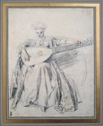 Un laudista. Dibujo a mina de plomo y sanguina por Jean Antoine Watteau (1684-1721). Siglo XVIII. Chantilly, museo Condé