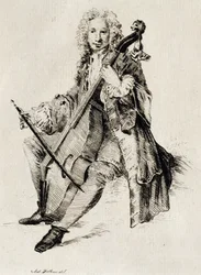 Violonchelista, por Jean Antoine Watteau, grabado, Francia