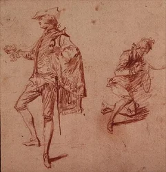 Dibujo de un joven de pie y otro arrodillado