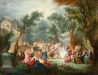 Compañía elegante, al aire libre con la llegada de los novios (óleo)