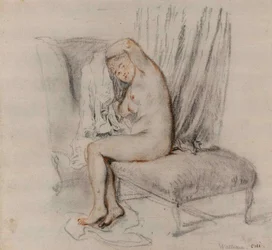 Mujer desnuda quitándose la camisa, ca. 1717
