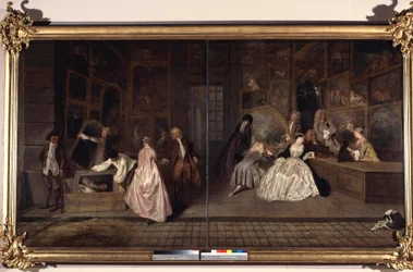 El letrero de Gersaint. Edme François Gersaint (1694-1750) fue un comerciante de arte. Pintura de Jean Antoine Watteau (1684-1721). 1720. Alemania, Berlín, Castillo de Charlottenburg