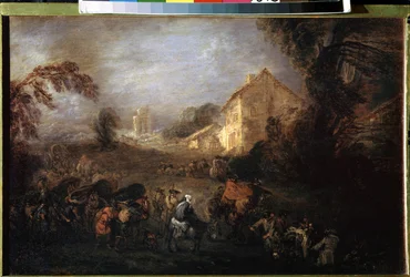 La carga de la guerra. Pintura de Jean Antoine Watteau (1684-1721). Óleo sobre cobre, 21,5 x 33,5 cm, hacia 1713. Arte francés, arte rococó. Museo del Hermitage, San Petersburgo.