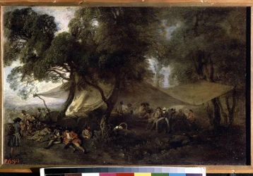 "" El respiro de la guerra "". (Respiro de la guerra). Pintura de Jean Antoine Watteau (1684-1721), hacia 1716. Óleo sobre cobre. Museo del Hermitage, San Petersburgo.
