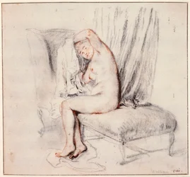 Mujer desnuda sentada en una chaise longue, poniéndose la camisa, siglo XVIII