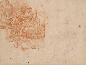 Doctor charlatán sentado en el escenario, vendiendo mercancías, con cuatro figuras y un mono, c1700-1720