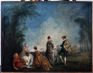 Una propuesta vergonzosa. Pintura de Jean Antoine Watteau (1684-1721). Óleo sobre lienzo, 65 x 84,5 cm