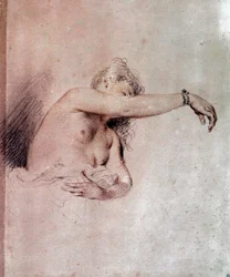 Mujer desnuda, brazo alzado. Dibujo a sanguina de Jean-Antoine Watteau (1684-1721), siglo XVIII. 0,28 x 0,23 m. París, Musée du Louvre