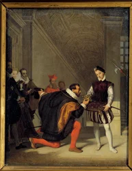 Don Pedro de Toledo, embajador de Felipe II besando la espada de Enrique IV (1553-1610). Escalera de Enrique II en el Louvre