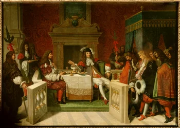 Luis XIV y Molière: Rey Luis XIV (1638-1715) y Jean Baptiste Poquelin llamado Molière (1622-1673) en la mesa frente a los cortesanos