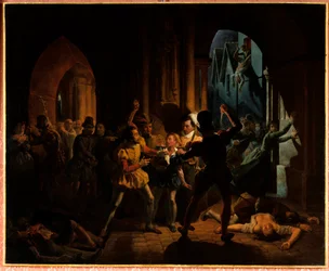 Maximiliano de Bethune escapando de la masacre de San Bartolomé. Maximiliano de Bethune (que llegó a ser duque de Sully 1559-1641), educado en el colegio de Borgoña en París, fue salvado por Enrique de Navarra (1553-1610) (entonces rey Enrique IV) y se con