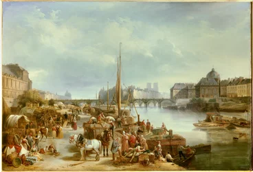 Vista del puerto Saint Nicolas Se encontraba cerca del Pont Neuf en París. Pintura de Jean Auguste Garneray (1778-1845) 1834 Sol. 0,8x1,18 m París, Museo Carnavalet