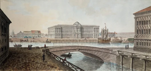 Vista de la Academia de Bellas Artes del Neva en San Petersburgo - Obra de Jean Balthazard de la Traverse (segunda mitad del siglo XVIII), acuarela y gouache sobre papel, finales de 1790,