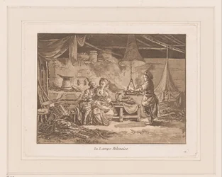 Interior de un granero con dos figuras en un banco y un hombre junto al fuego
La Lampe Polonoise (título en el objeto)