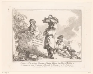 Impresión del título que muestra a tres vendedores ambulantes con sus mercancías cerca de una roca
2me Suitte de Divers Cris de Marchands de Russie (título de la serie en el objeto)
Vendedores y comerciantes ambulantes rusos (título de la serie)