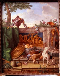 Placa que representa las cacerías de Luis XVI (1754-1793): detalle que representa a un perro cuidando el juego. Pintura sobre porcelana de Philippe Castel (ca. 1746-1797) por Jean Baptiste Oudry (1686-1755) 1778-1781. Versalles, museo del castillo